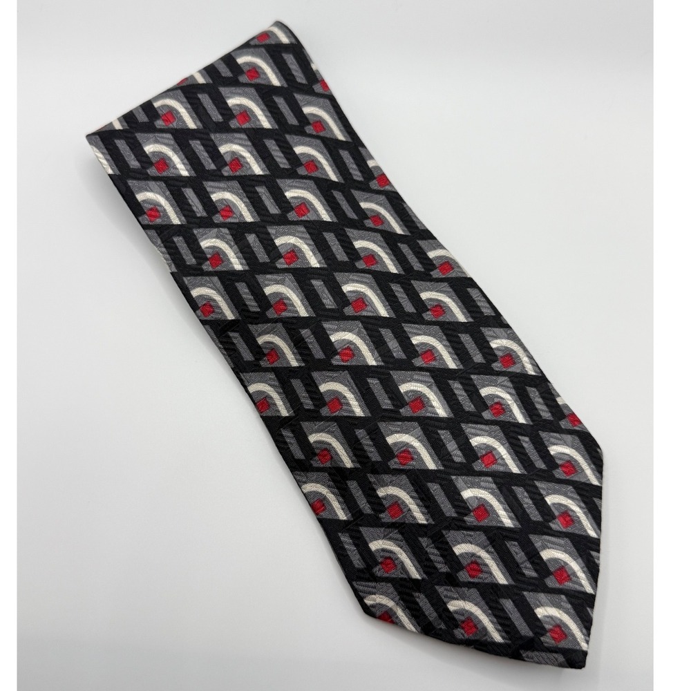 Oscar de la Renta Silk Tie OS Geometric Grey Black Red Couture Retro Business